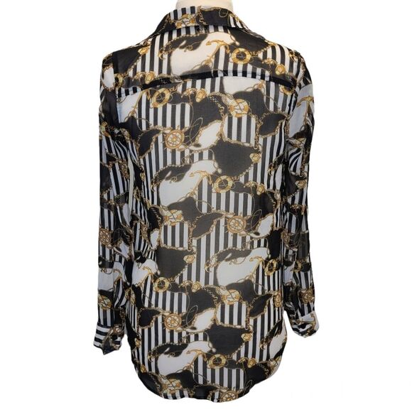 Forever 21 Nautical Black White Gold Sheer Long Sleeve Button Blouse Womens S - Picture 2 of 12